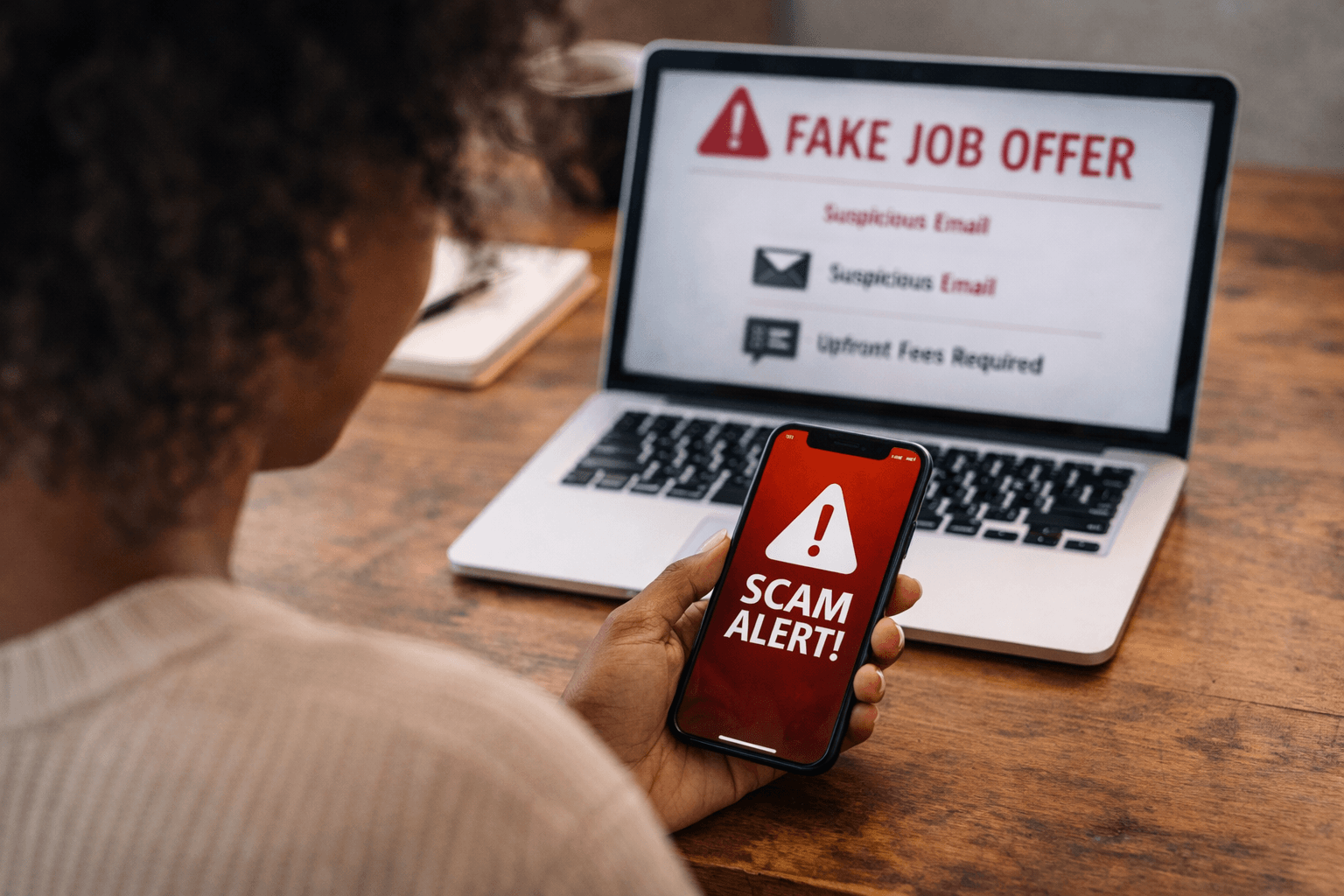 A scam alert shown on a phone in front of a fake job offer warning on a laptop