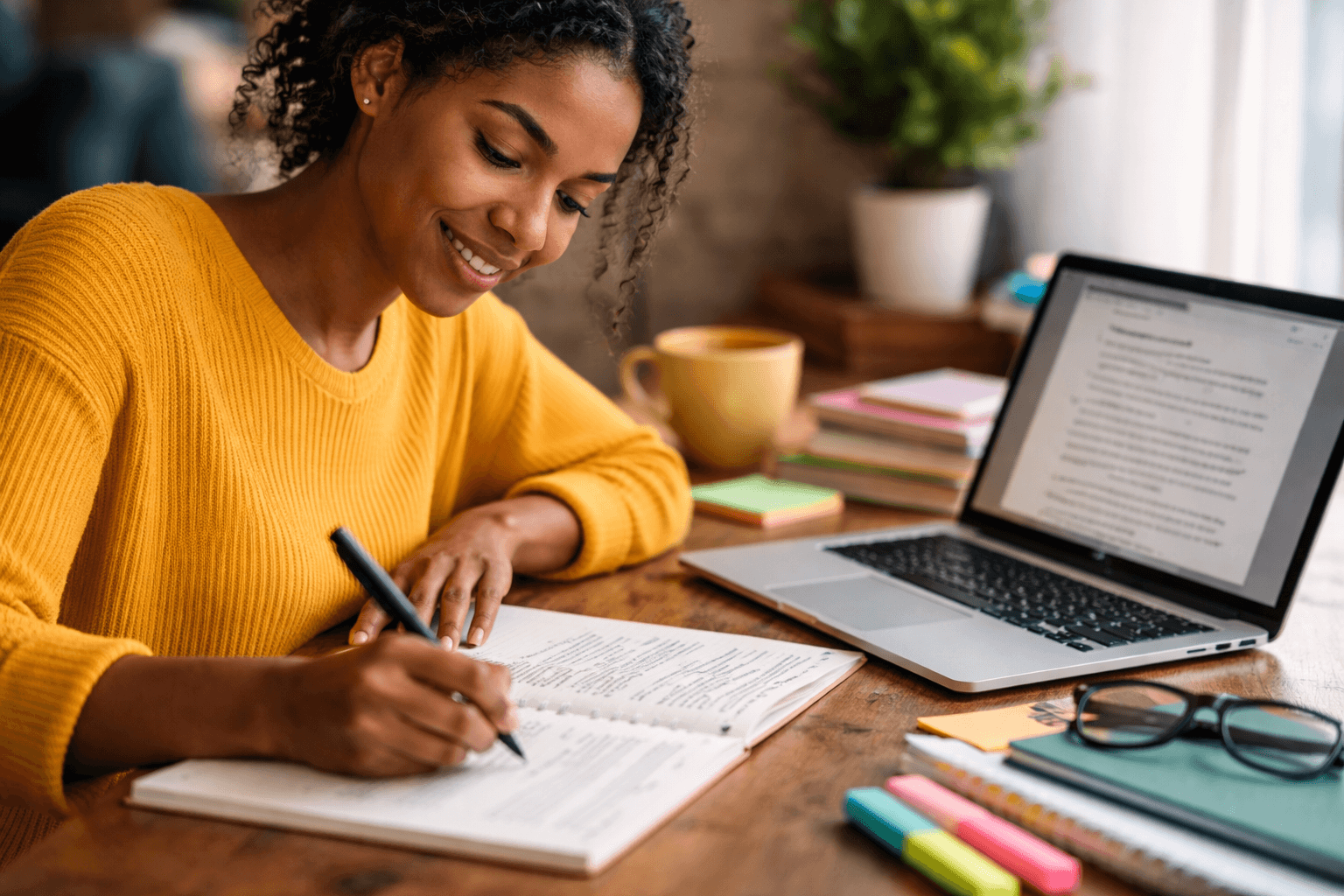 A student writing notes in a notebook beside an open laptop