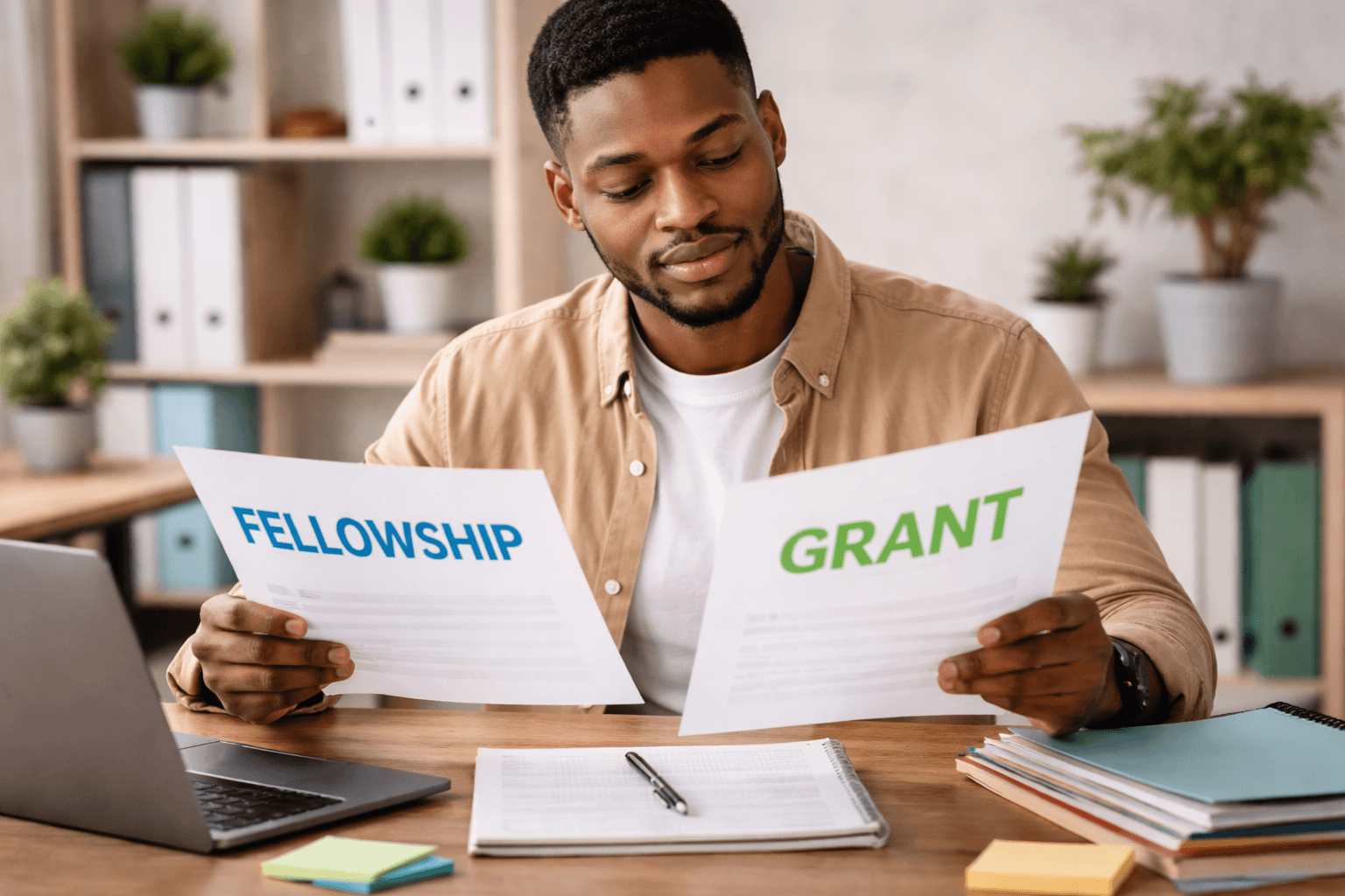 A person comparing fellowship and grant documents at a desk